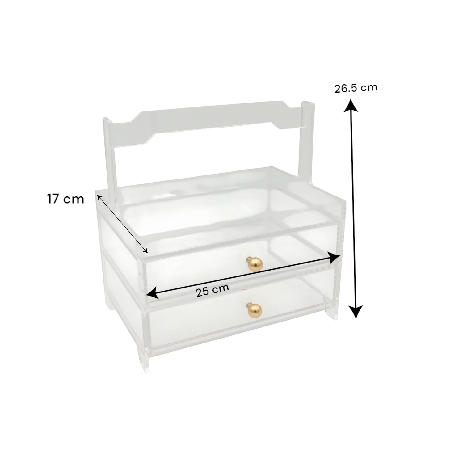 Damoo Clear Acrylic Organizer Tray with 2 Drawers and Gold Handles – Elegant Storage Box for Makeup, Jewelry, Office & Vanity – Transparent Display Case for Home or Salon Use - Damoo
