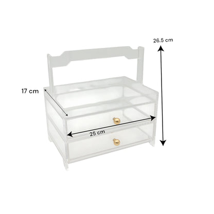 Damoo Clear Acrylic Organizer Tray with 2 Drawers and Gold Handles – Elegant Storage Box for Makeup, Jewelry, Office & Vanity – Transparent Display Case for Home or Salon Use - Damoo