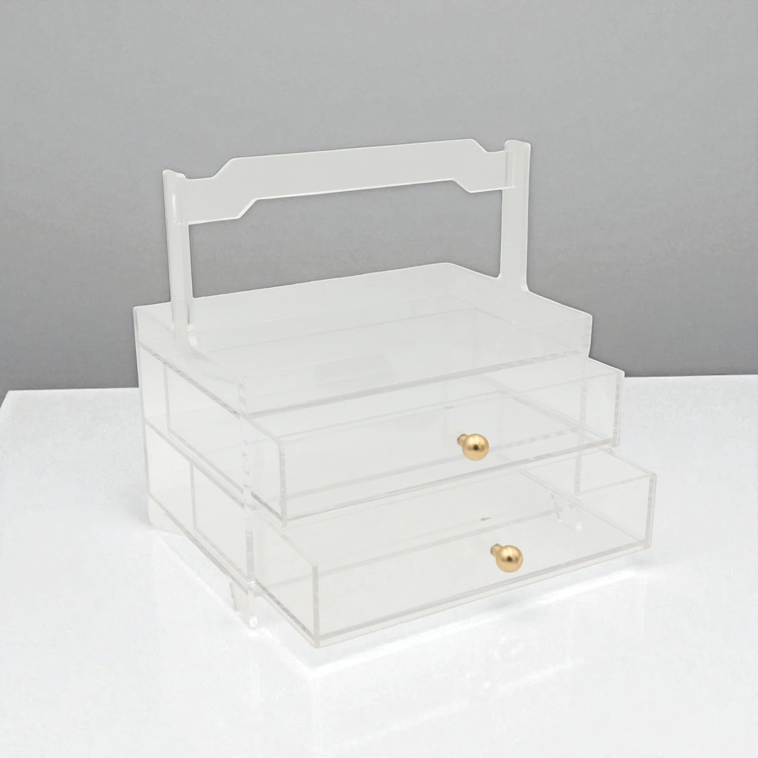Damoo Clear Acrylic Organizer Tray with 2 Drawers and Gold Handles – Elegant Storage Box for Makeup, Jewelry, Office & Vanity – Transparent Display Case for Home or Salon Use - Damoo