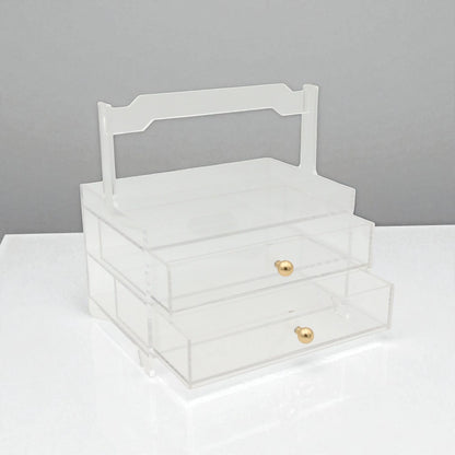 Damoo Clear Acrylic Organizer Tray with 2 Drawers and Gold Handles – Elegant Storage Box for Makeup, Jewelry, Office & Vanity – Transparent Display Case for Home or Salon Use - Damoo