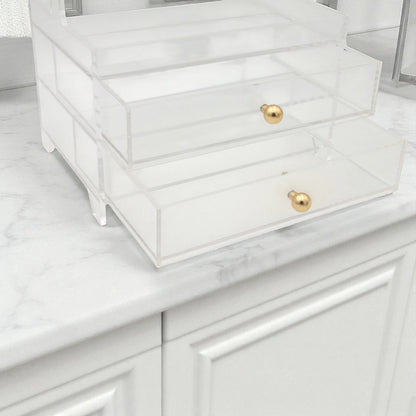 Damoo Clear Acrylic Organizer Tray with 2 Drawers and Gold Handles – Elegant Storage Box for Makeup, Jewelry, Office & Vanity – Transparent Display Case for Home or Salon Use - Damoo