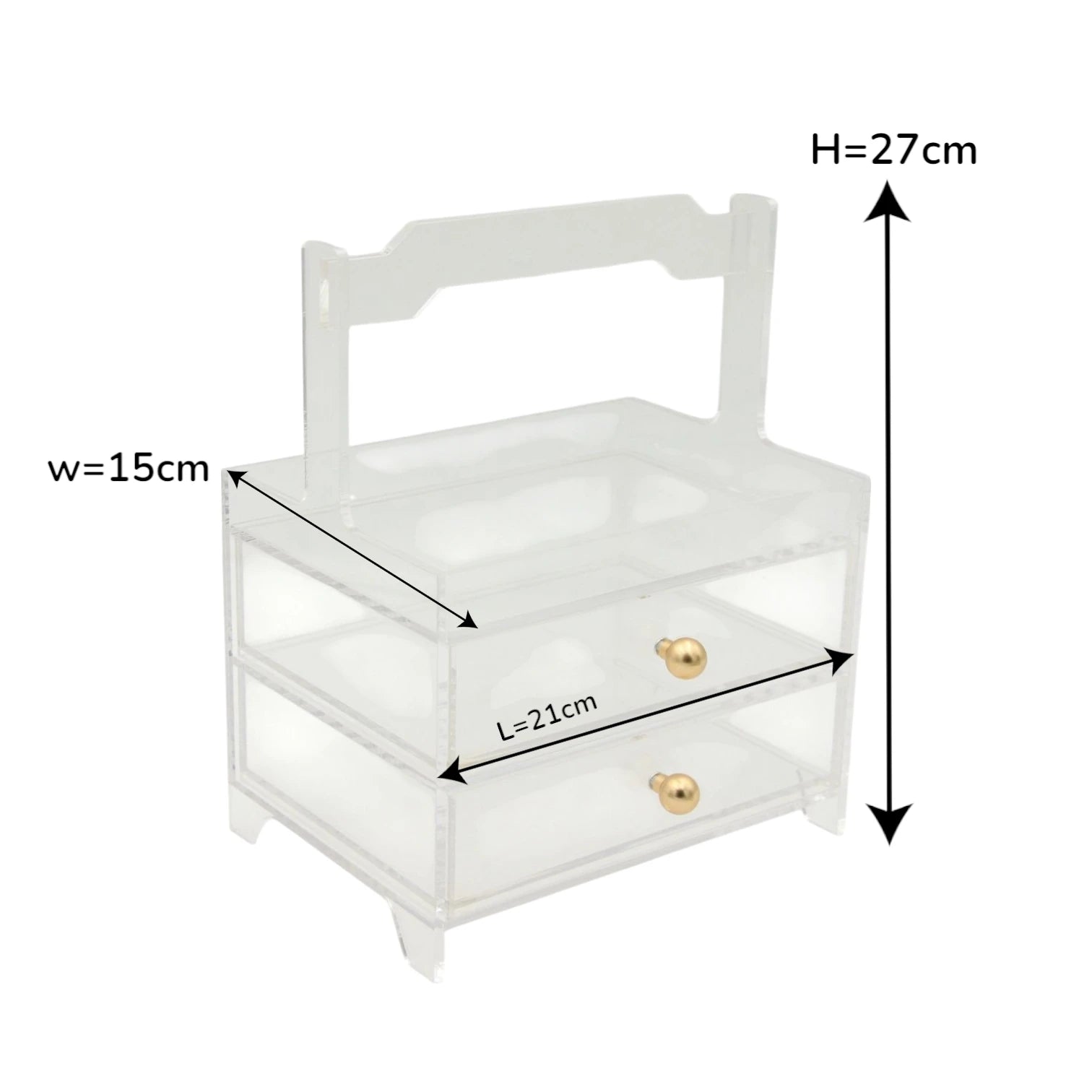 Damoo Clear Acrylic Organizer Tray with 2 Drawers & Gold Handles – Elegant Storage for Makeup, Jewelry & Vanity Décor - Damoo