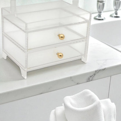 Damoo Clear Acrylic Organizer Tray with 2 Drawers & Gold Handles – Elegant Storage for Makeup, Jewelry & Vanity Décor - Damoo