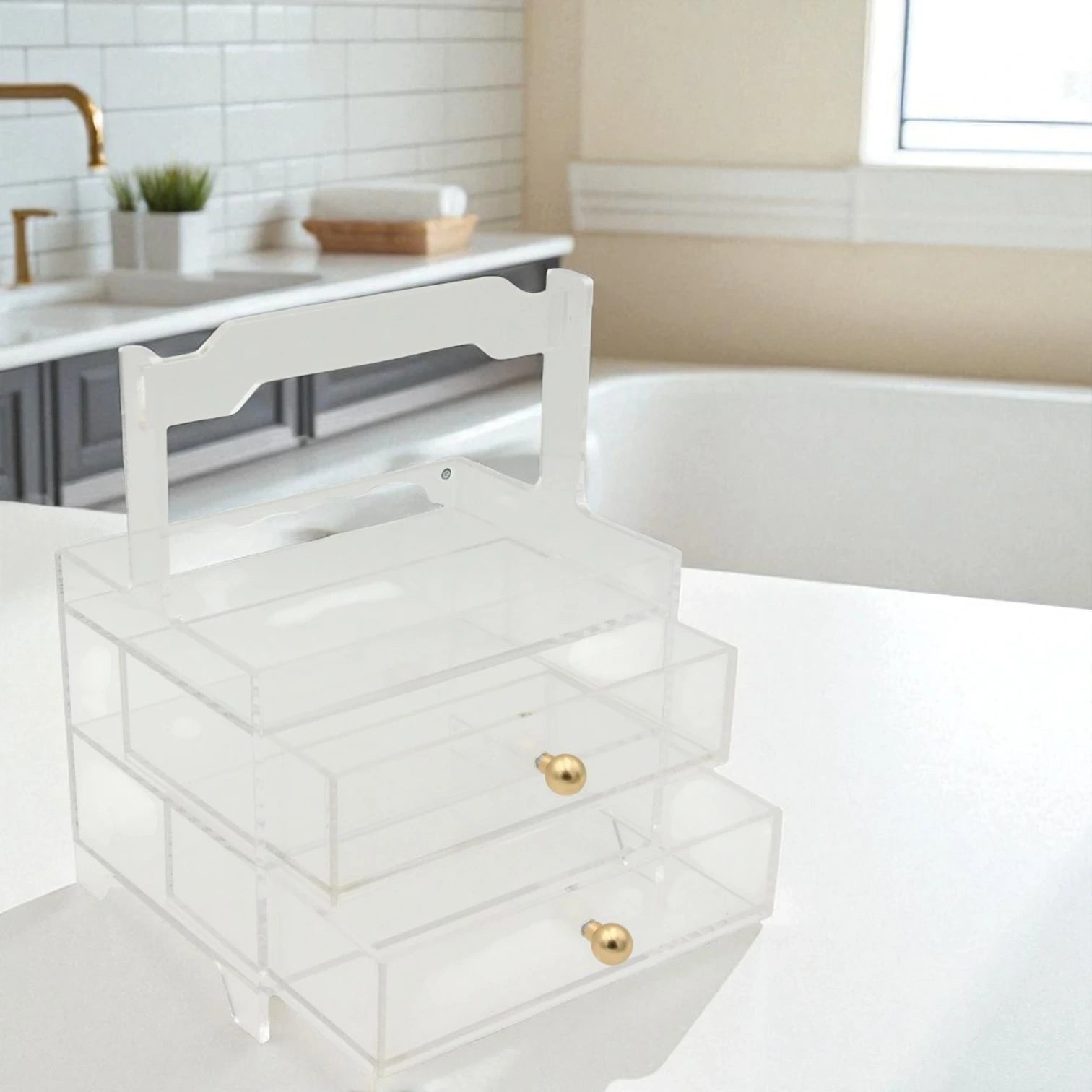 Damoo Clear Acrylic Organizer Tray with 2 Drawers & Gold Handles – Elegant Storage for Makeup, Jewelry & Vanity Décor - Damoo