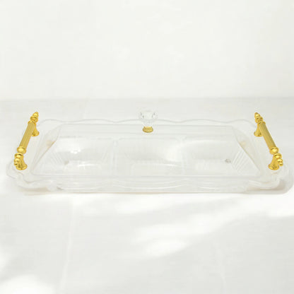 Damoo Clear Acrylic Snack Tray with Lid and 3 Sections – Elegant Serving Dish with Gold Handles for Sweets, Nuts, and Dates - Damoo
