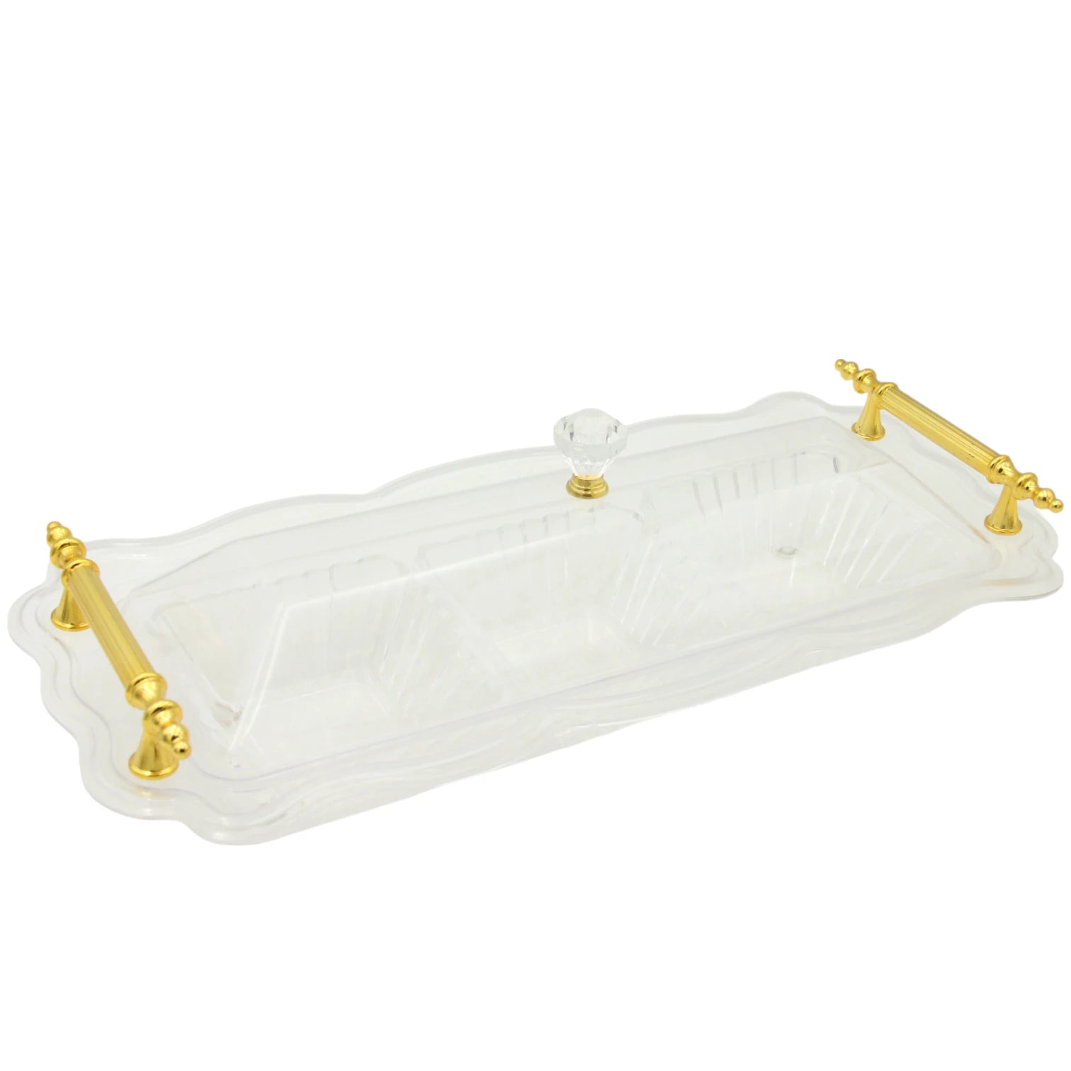 Damoo Clear Acrylic Snack Tray with Lid and 3 Sections – Elegant Serving Dish with Gold Handles for Sweets, Nuts, and Dates - Damoo