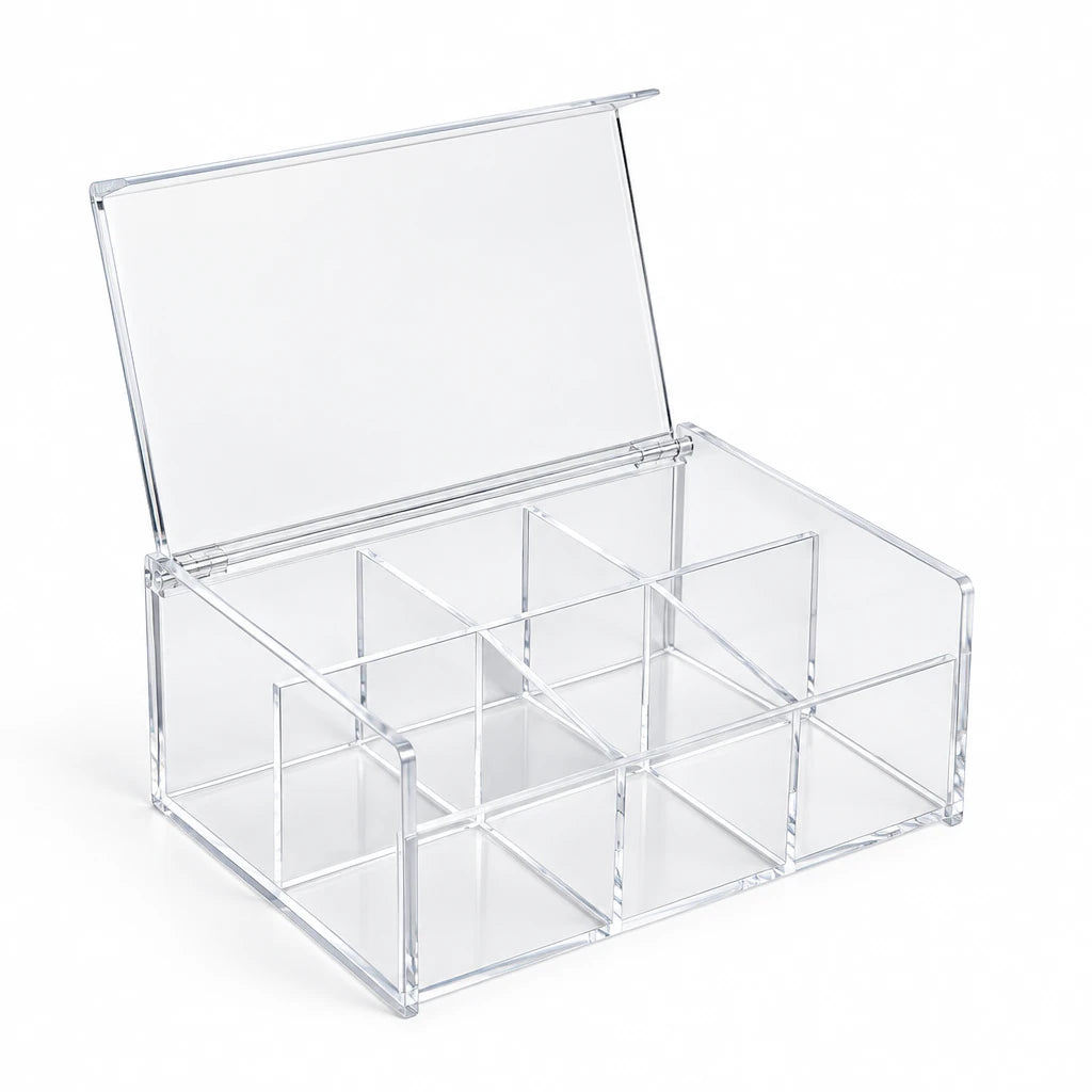 Damoo Clear Acrylic Tea Bag Organizer Box with Lid – 8-Compartment Transparent Tea Chest for Tea Tags, Sachets & Office or Home Use - Damoo