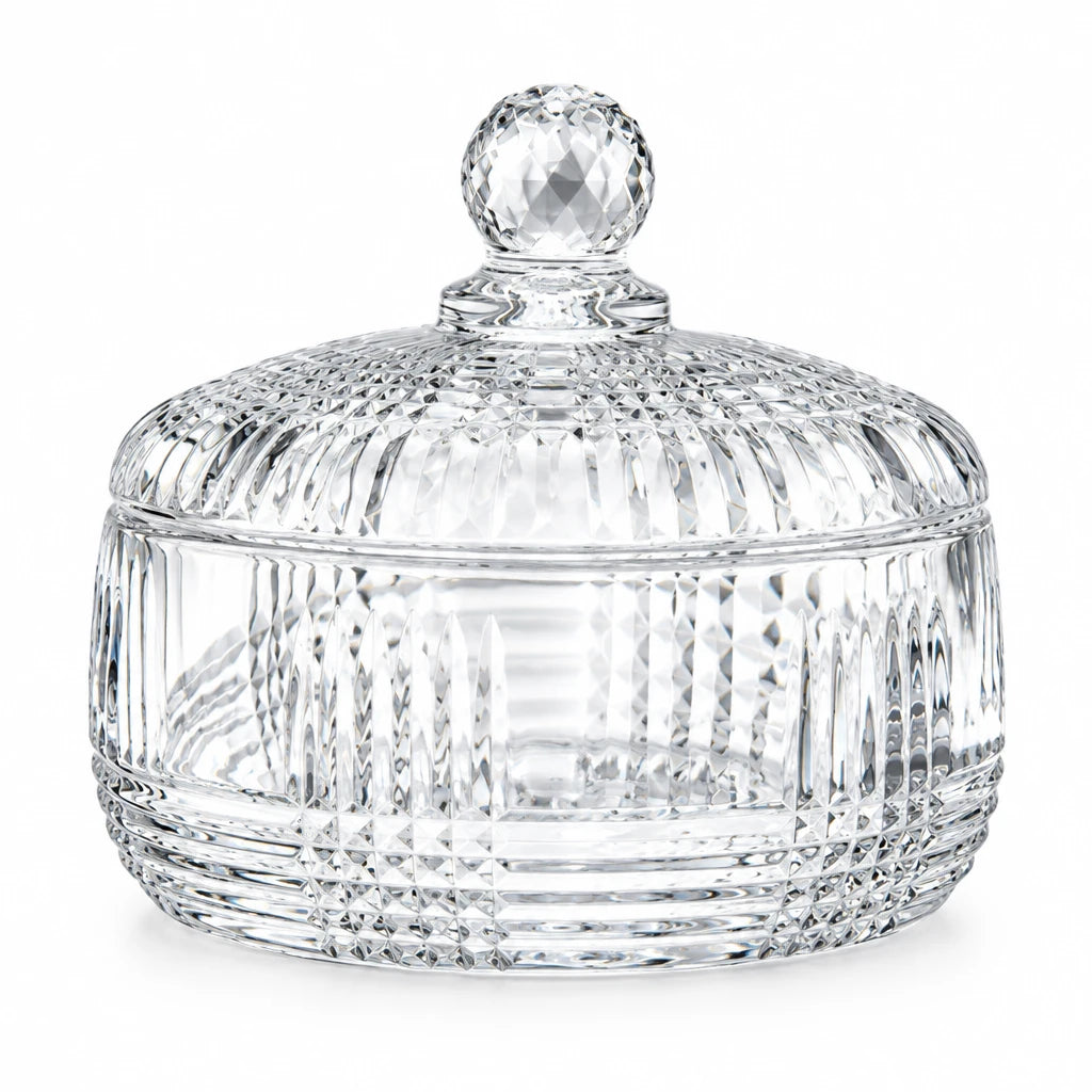Damoo Clear Diamond Cut Glass Candy Jar with Lid – Elegant Covered Bowl for Sweets, Nuts & Decor | Crystal-Style Candy Pot for Wedding, Home, or Office Use - Damoo