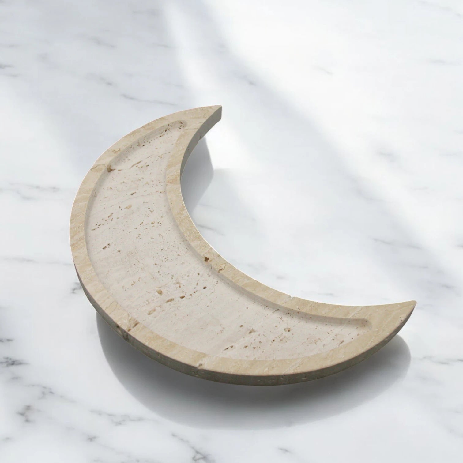 Damoo CNC-Cut Crescent Tray Made of Natural Travertine Stone – Elegant Moon-Shaped Decor Piece for Ramadan and Home Styling - Damoo