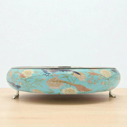 Damoo Decorative Wooden Tray with Bird & Floral Print – Blue Serving Tray with Hammered Metal Top & Elegant Footed Base - Damoo