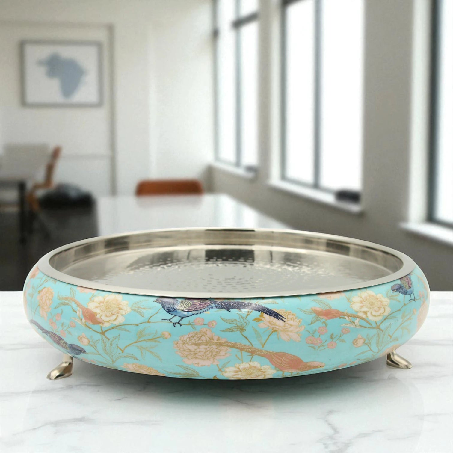 Damoo Decorative Wooden Tray with Bird & Floral Print – Blue Serving Tray with Hammered Metal Top & Elegant Footed Base - Damoo