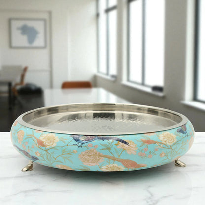Damoo Decorative Wooden Tray with Bird & Floral Print – Blue Serving Tray with Hammered Metal Top & Elegant Footed Base - Damoo