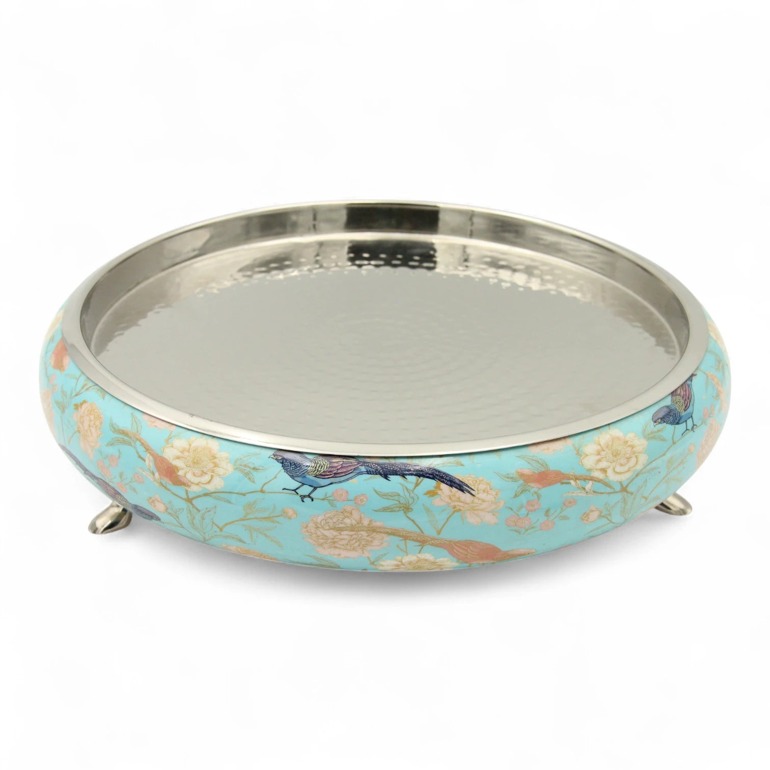 Damoo Decorative Wooden Tray with Bird & Floral Print – Blue Serving Tray with Hammered Metal Top & Elegant Footed Base - Damoo