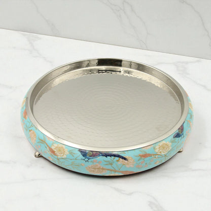 Damoo Decorative Wooden Tray with Bird & Floral Print – Blue Serving Tray with Hammered Metal Top & Elegant Footed Base - Damoo