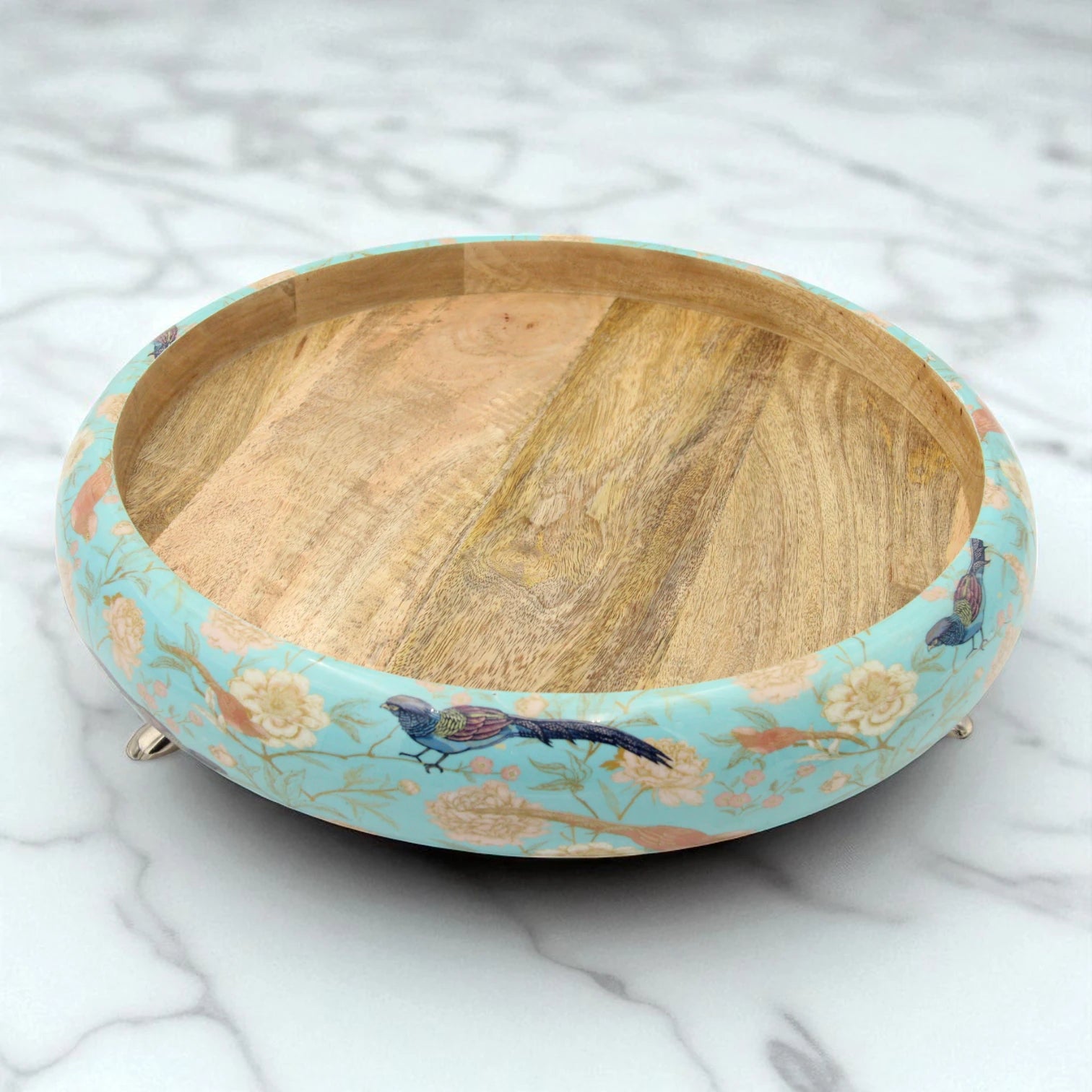 Damoo Decorative Wooden Tray with Bird & Floral Print – Blue Serving Tray with Hammered Metal Top & Elegant Footed Base - Damoo
