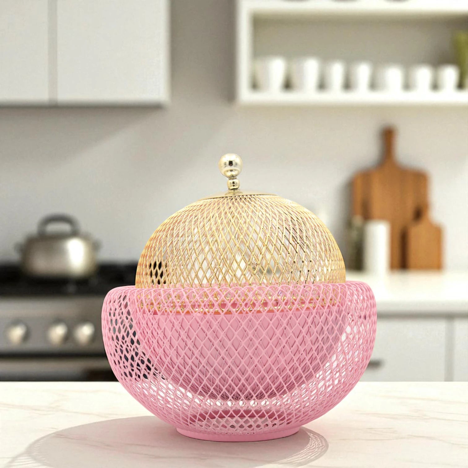 Damoo Durable Gold & Pink Snack Tray with Protective Metal Mesh Cover  – Shatter-Resistant Base & Insect-Proof Dome for Fruit, Pastry & Dessert Serving - Damoo