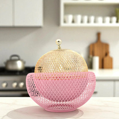 Damoo Durable Gold & Pink Snack Tray with Protective Metal Mesh Cover  – Shatter-Resistant Base & Insect-Proof Dome for Fruit, Pastry & Dessert Serving - Damoo