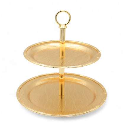 Damoo Elegant 2-Tier Gold Dessert Stand – Round Metal Serving Tray for Sweets, Cupcakes, Pastries & Dates – Tiered Display Platter for Ramadan, Parties & Weddings - Damoo