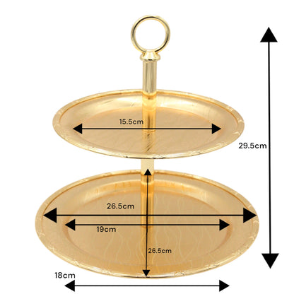 Damoo Elegant 2-Tier Gold Dessert Stand – Round Metal Serving Tray for Sweets, Cupcakes, Pastries & Dates – Tiered Display Platter for Ramadan, Parties & Weddings - Damoo