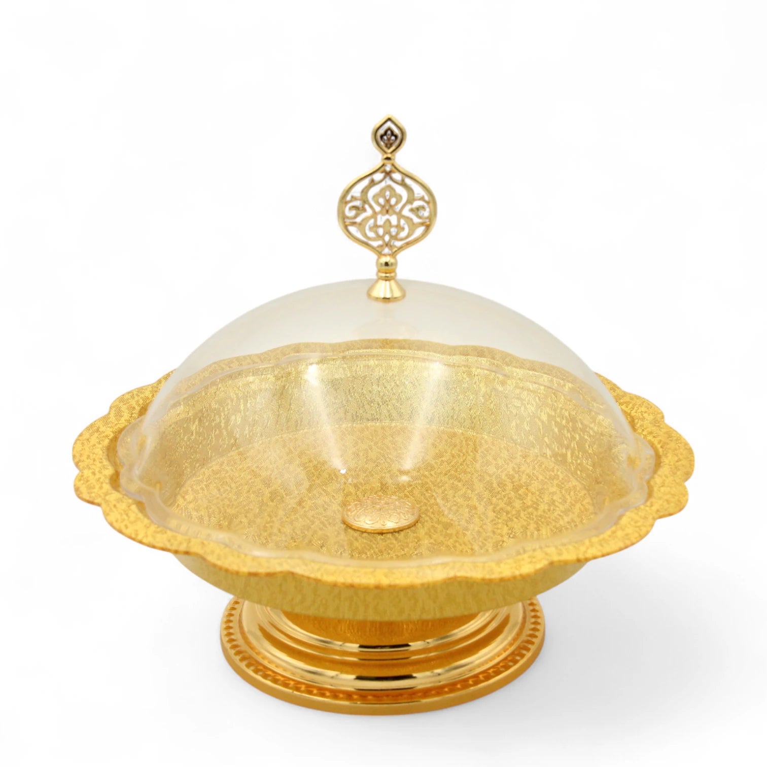 Damoo Elegant Gold-Plated Round Serving Tray with Dome Lid – Decorative Dessert Stand for Sweets, Dates & Pastries - Damoo
