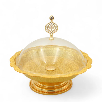 Damoo Elegant Gold-Plated Round Serving Tray with Dome Lid – Decorative Dessert Stand for Sweets, Dates & Pastries - Damoo