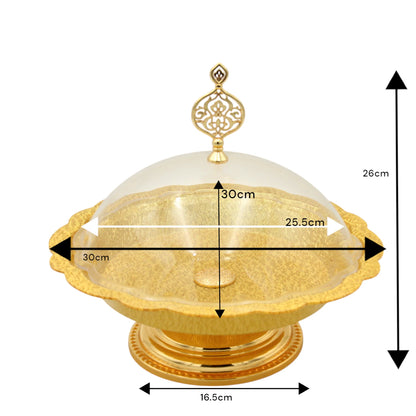 Damoo Elegant Gold-Plated Round Serving Tray with Dome Lid – Decorative Dessert Stand for Sweets, Dates & Pastries - Damoo