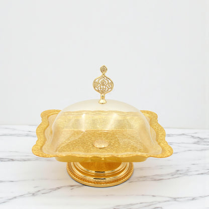 Damoo Elegant Gold-Plated Serving Tray with Dome Lid – Decorative Square Dessert Stand for Sweets, Dates & Treats - Damoo