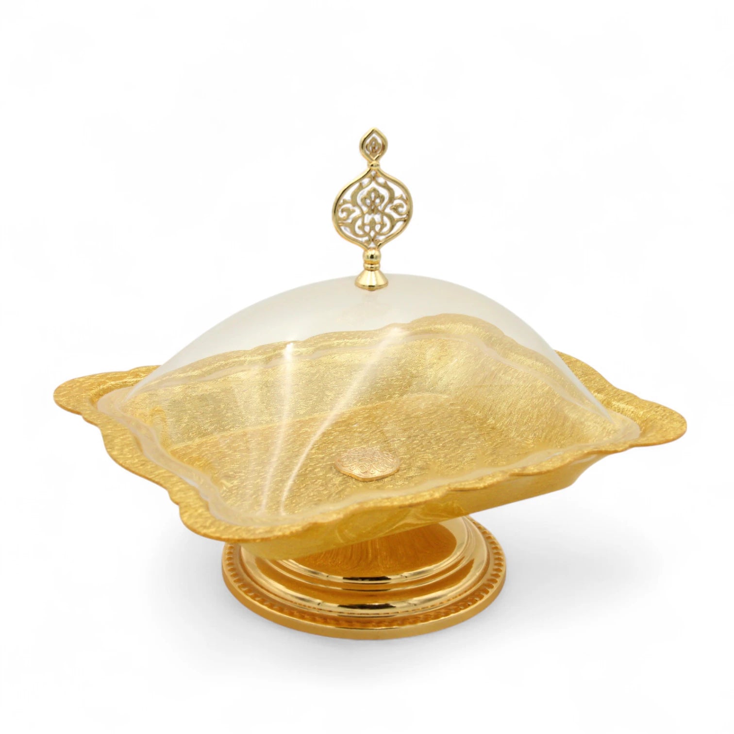 Damoo Elegant Gold-Plated Serving Tray with Dome Lid – Decorative Square Dessert Stand for Sweets, Dates & Treats - Damoo