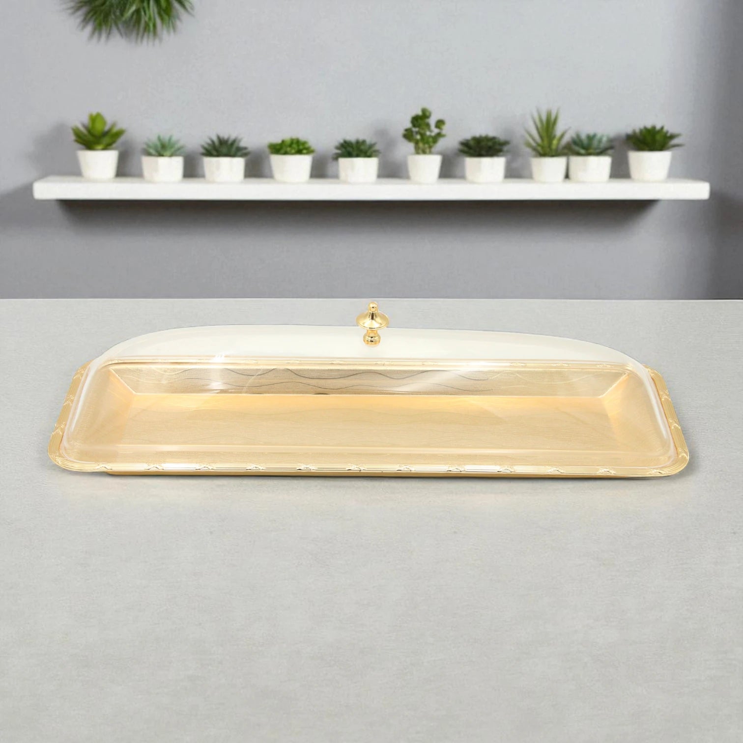 Damoo Elegant Gold Tray with Clear Dome Lid – Covered Serving Tray for Sweets, Dates, Pastries & More – Decorative Tabletop Display - Damoo