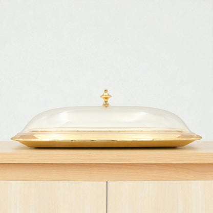 Damoo Elegant Gold Tray with Clear Dome Lid – Covered Serving Tray for Sweets, Dates, Pastries & More – Decorative Tabletop Display - Damoo