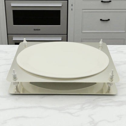 Damoo Elegant Oval Sweet Tray with White Porcelain Plate and Silver Decorative Base – Luxury Dessert & Snack Display Stand for Home, Ramadan & Special Events - Damoo