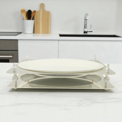 Damoo Elegant Oval Sweet Tray with White Porcelain Plate and Silver Decorative Base – Luxury Dessert & Snack Display Stand for Home, Ramadan & Special Events - Damoo