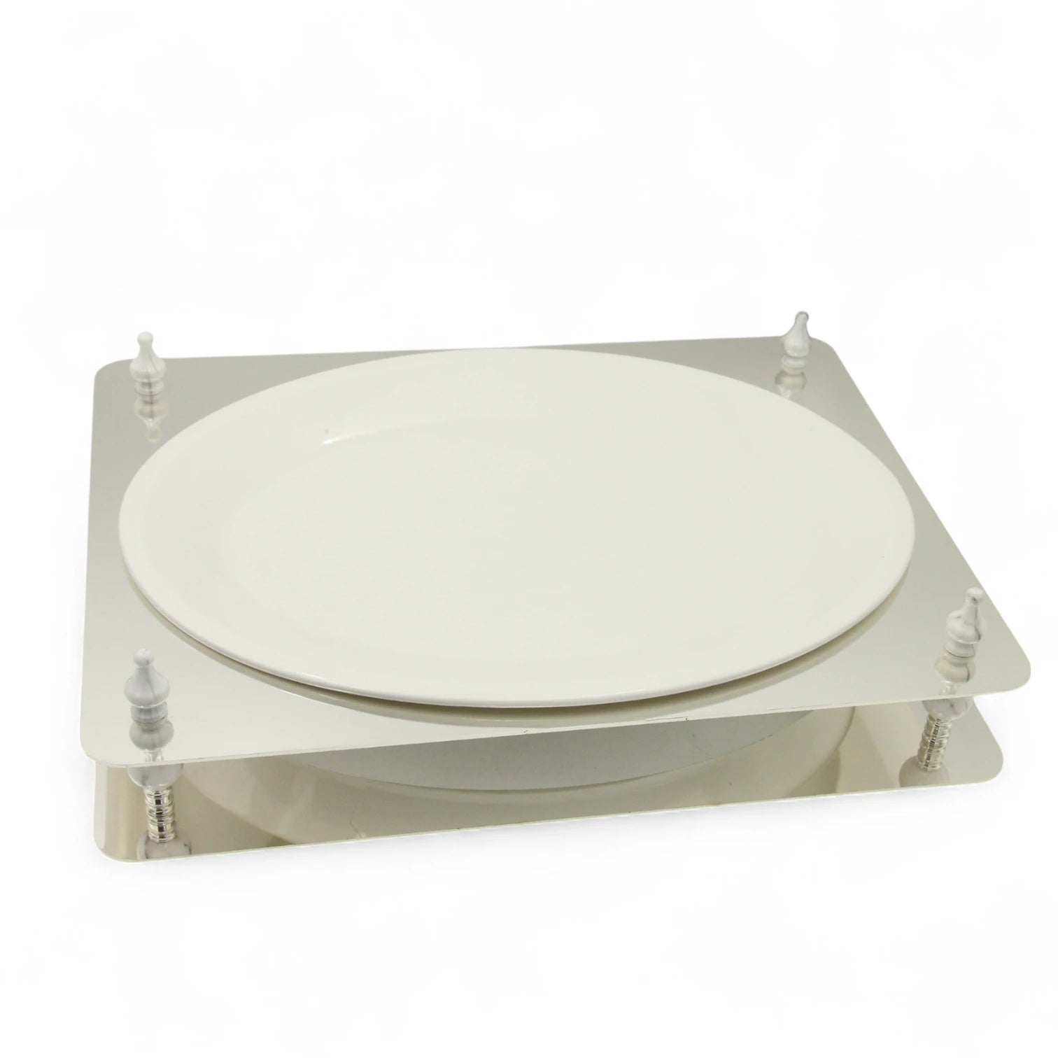 Damoo Elegant Oval Sweet Tray with White Porcelain Plate and Silver Decorative Base – Luxury Dessert & Snack Display Stand for Home, Ramadan & Special Events - Damoo