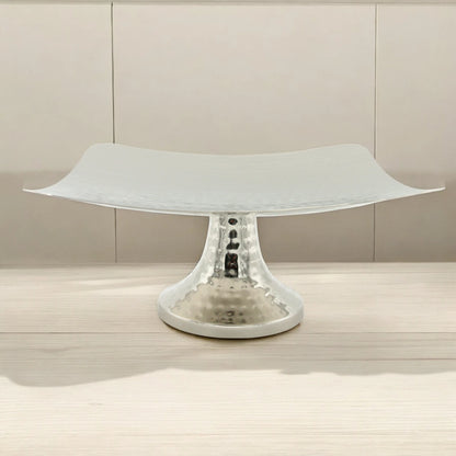 Damoo Elegant Square Hammered Metal Cake Stand – Silver-Plated Raised Tray with Pedestal Base for Serving Sweets, Fruits & Desserts – Luxe Home Décor & Event Display - Damoo