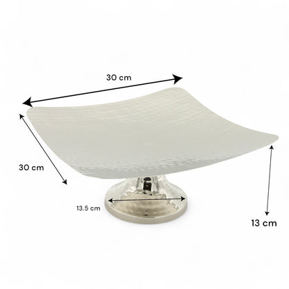 Damoo Elegant Square Hammered Metal Cake Stand – Silver-Plated Raised Tray with Pedestal Base for Serving Sweets, Fruits & Desserts – Luxe Home Décor & Event Display - Damoo
