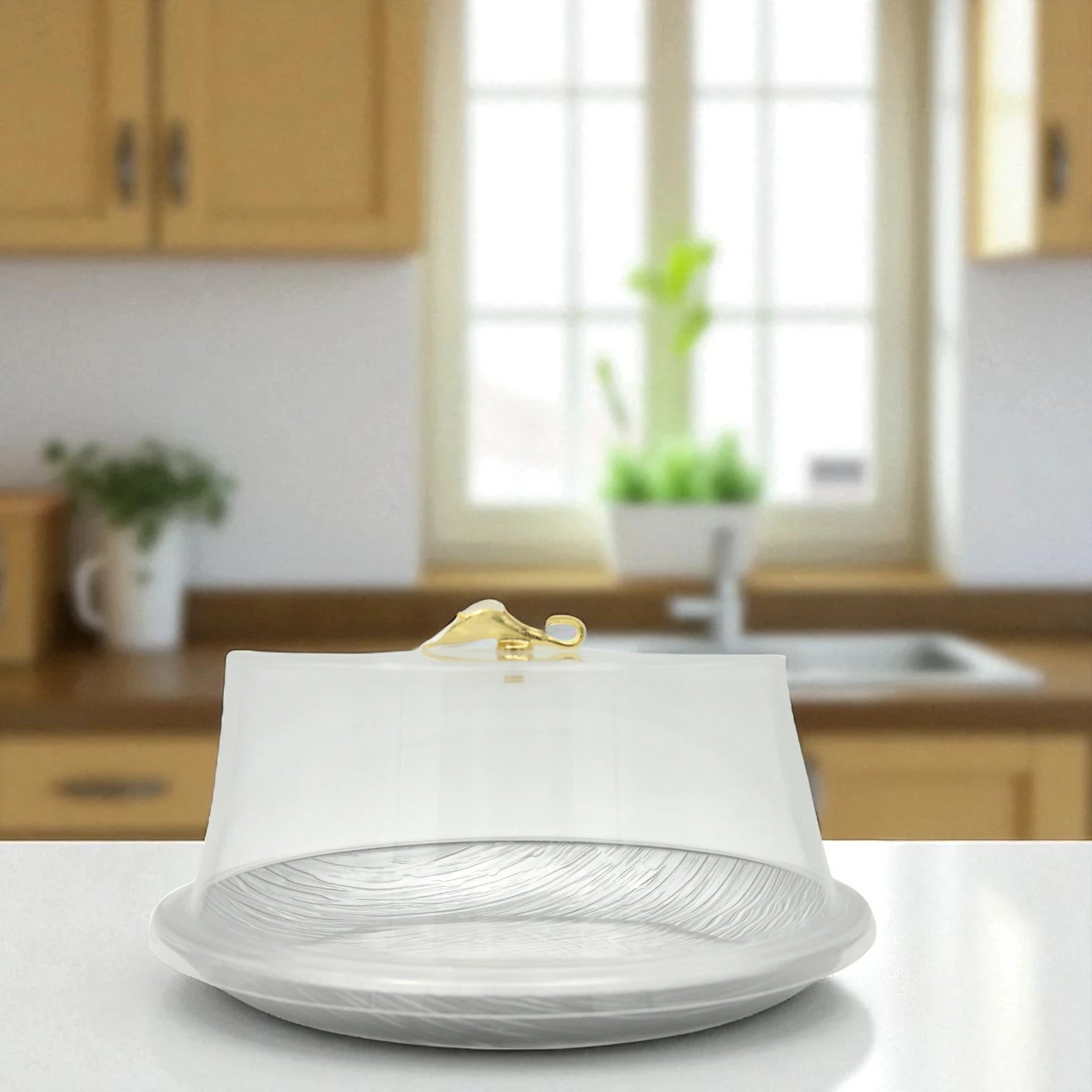 Damoo Elegant Textured Acrylic Cake Stand with Dome Lid – Clear Round Dessert Display Tray with Golden Handle – Perfect for Cakes, Pastries, Cheese & Snacks - Damoo