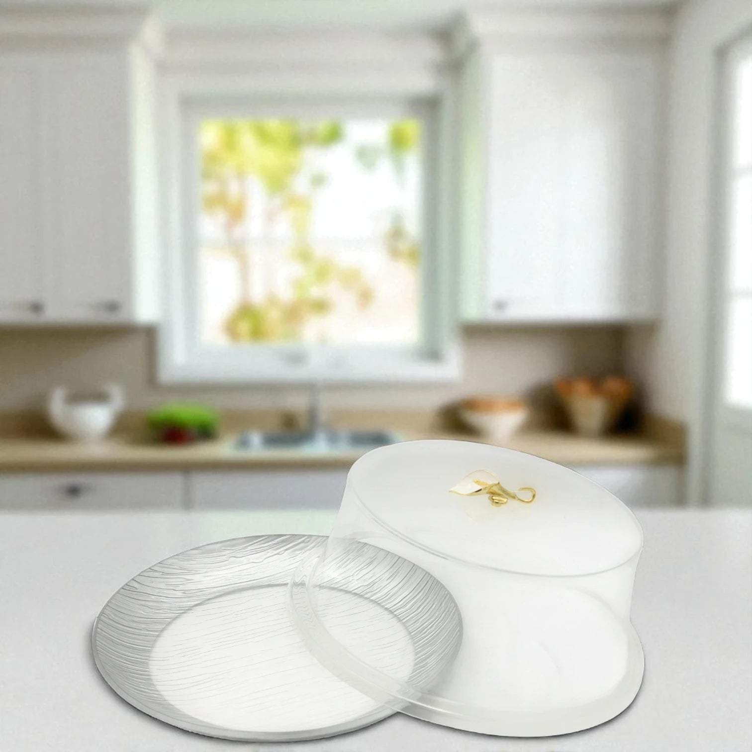 Damoo Elegant Textured Acrylic Cake Stand with Dome Lid – Clear Round Dessert Display Tray with Golden Handle – Perfect for Cakes, Pastries, Cheese & Snacks - Damoo