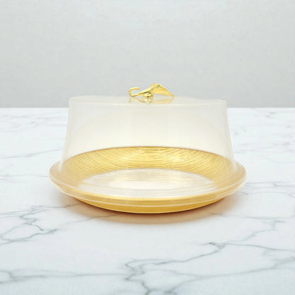 Damoo Elegant Textured Acrylic Cake Stand with Dome Lid – Clear Round Dessert Display Tray with Golden Handle – Perfect for Cakes, Pastries, Cheese & Snacks - Damoo