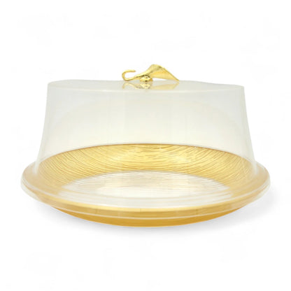Damoo Elegant Textured Acrylic Cake Stand with Dome Lid – Clear Round Dessert Display Tray with Golden Handle – Perfect for Cakes, Pastries, Cheese & Snacks - Damoo