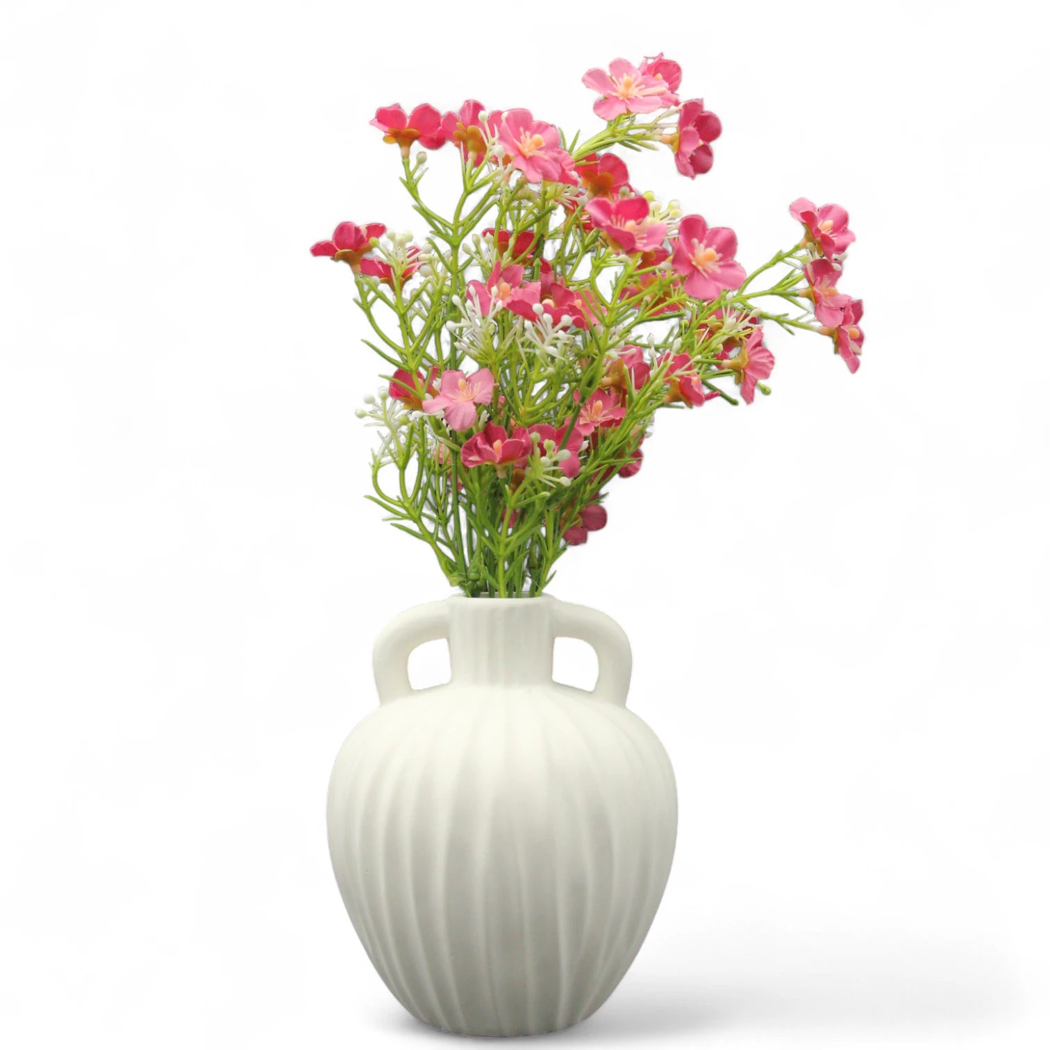 Damoo Elegant White Ceramic Flower Vase with Double Handles – Ribbed Matte Finish for Artificial or Fresh Floral Arrangements, Home & Office Decor - Damoo
