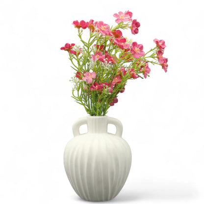 Damoo Elegant White Ceramic Flower Vase with Double Handles – Ribbed Matte Finish for Artificial or Fresh Floral Arrangements, Home & Office Decor - Damoo