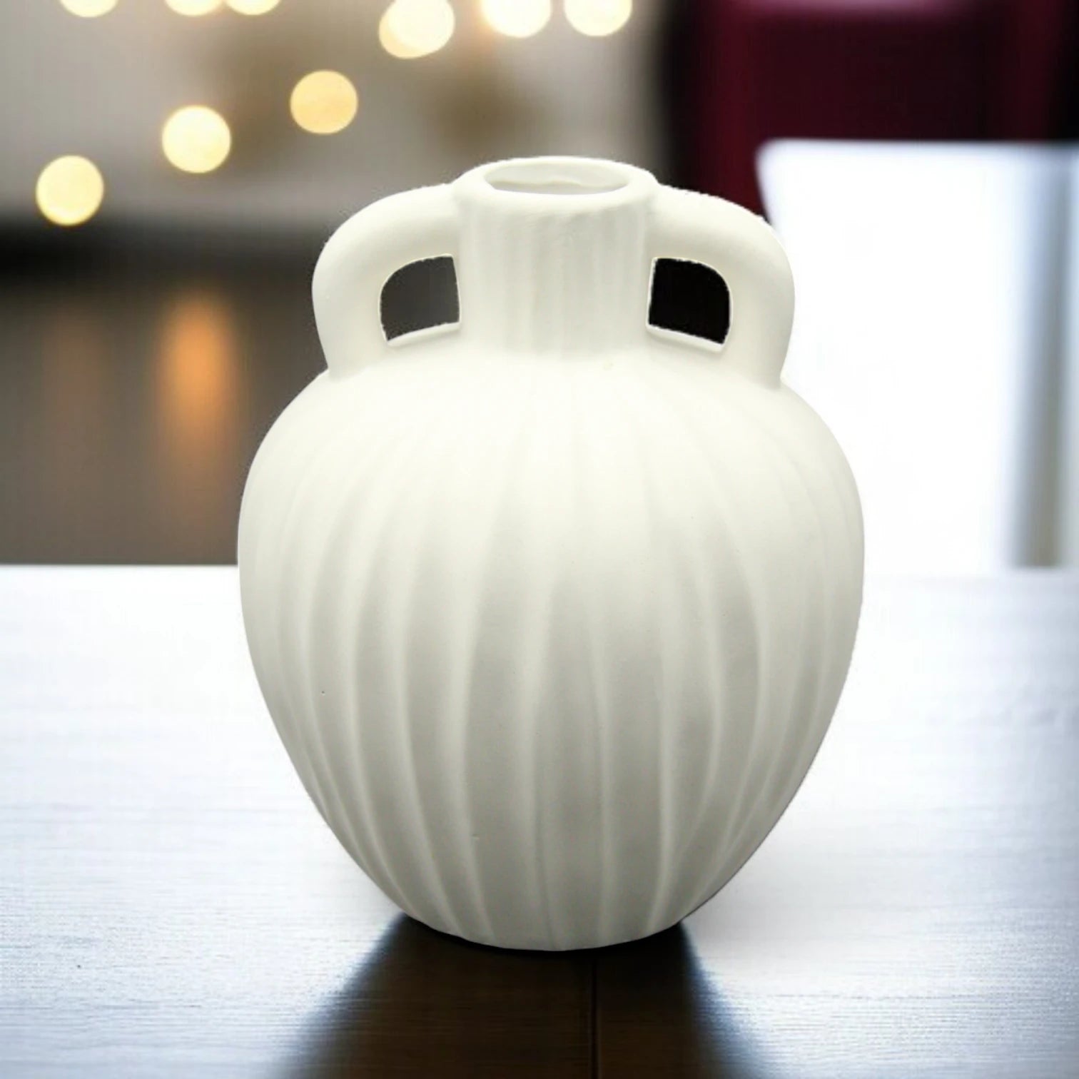 Damoo Elegant White Ceramic Flower Vase with Double Handles – Ribbed Matte Finish for Artificial or Fresh Floral Arrangements, Home & Office Decor - Damoo