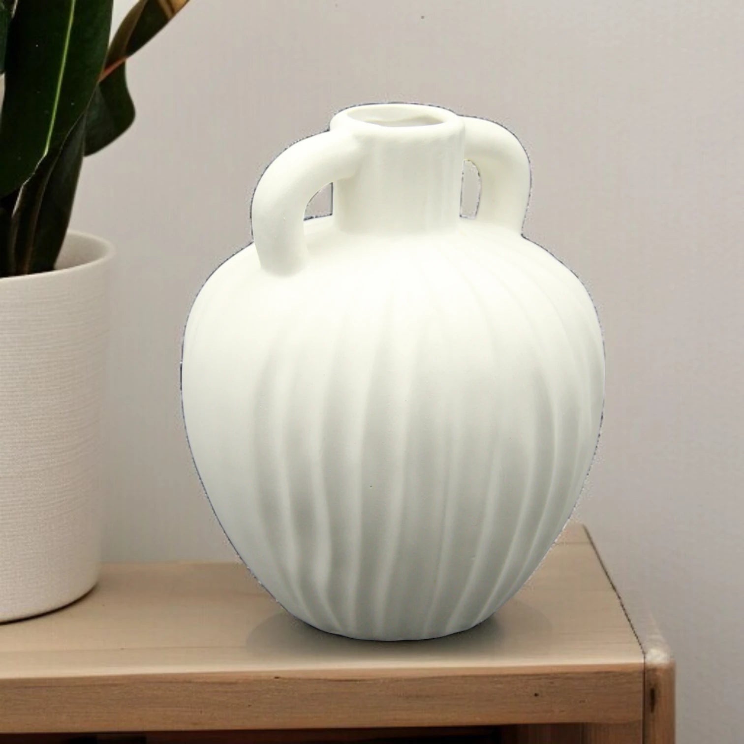 Damoo Elegant White Ceramic Flower Vase with Double Handles – Ribbed Matte Finish for Artificial or Fresh Floral Arrangements, Home & Office Decor - Damoo