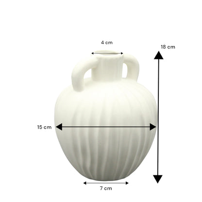 Damoo Elegant White Ceramic Flower Vase with Double Handles – Ribbed Matte Finish for Artificial or Fresh Floral Arrangements, Home & Office Decor - Damoo