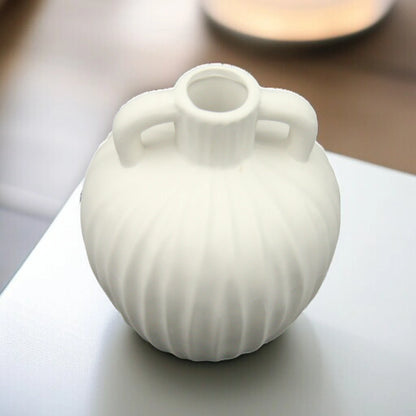 Damoo Elegant White Ceramic Flower Vase with Double Handles – Ribbed Matte Finish for Artificial or Fresh Floral Arrangements, Home & Office Decor - Damoo
