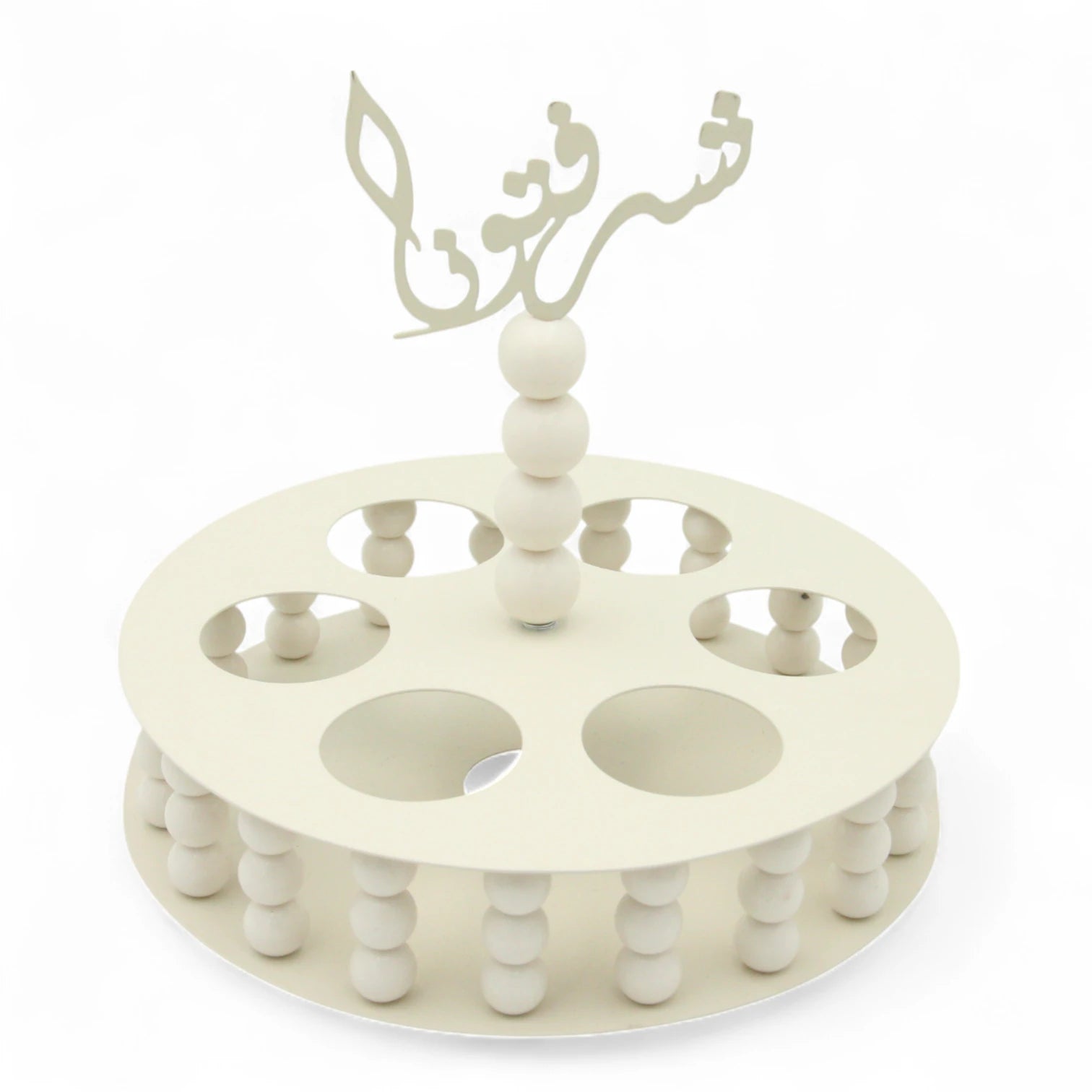 Damoo Elegant White Wooden Cup Holder Tray with Arabic Calligraphy – Decorative Circular Display Stand for Coffee, Juice, or Dessert Glasses - Damoo