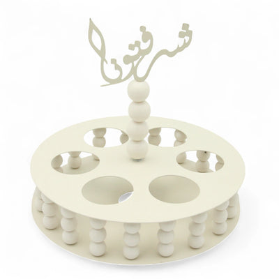 Damoo Elegant White Wooden Cup Holder Tray with Arabic Calligraphy – Decorative Circular Display Stand for Coffee, Juice, or Dessert Glasses - Damoo