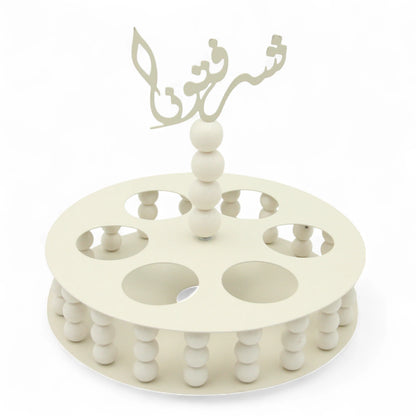 Damoo Elegant White Wooden Cup Holder Tray with Arabic Calligraphy – Decorative Circular Display Stand for Coffee, Juice, or Dessert Glasses - Damoo