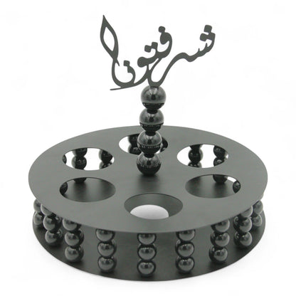 Damoo Elegant White Wooden Cup Holder Tray with Arabic Calligraphy – Decorative Circular Display Stand for Coffee, Juice, or Dessert Glasses - Damoo