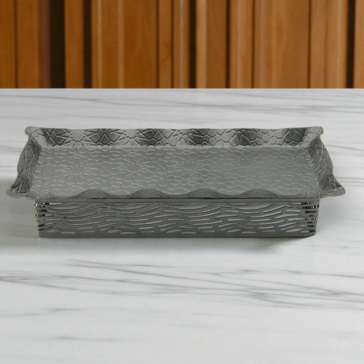 Damoo Embossed Rectangular Serving Tray – Decorative Metal Tray for Coffee Table, Entryway, Snacks, Sweets & Vanity Décor - Damoo